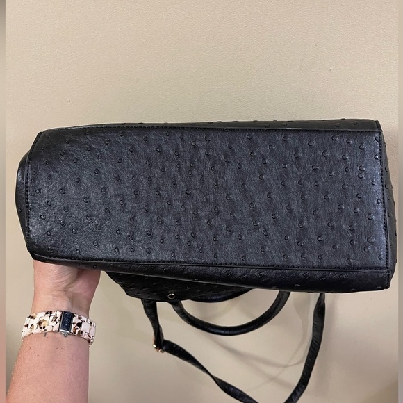 Crossi Black Faux Ostrich Black Handbag with Bow Shoulder Strap Crossbody - Picture 4 of 11
